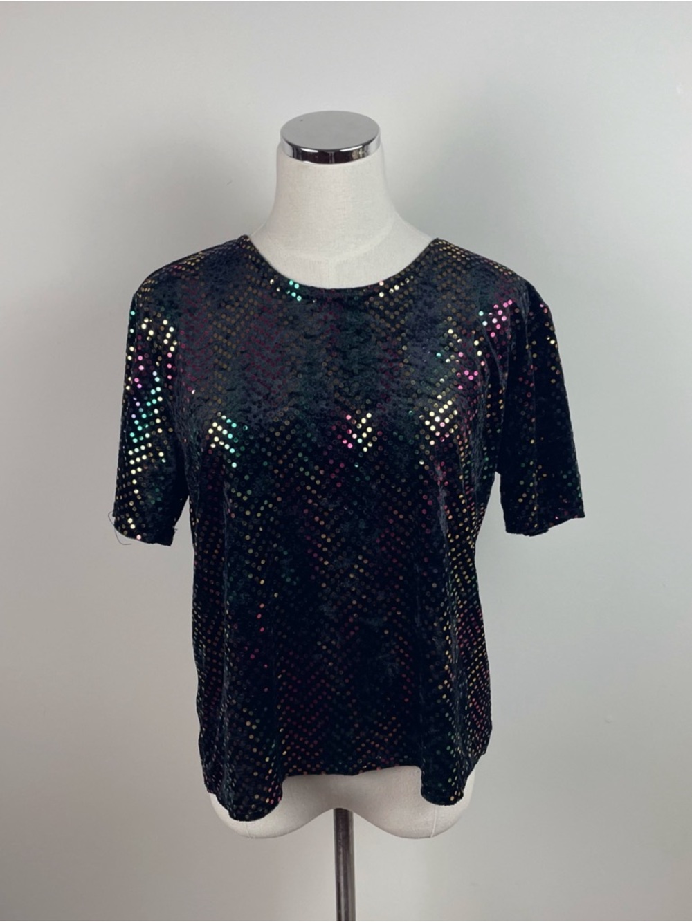 Kathie Lee Collection Black Rainbow Colorful Sequin Sparkle Glam Top Large